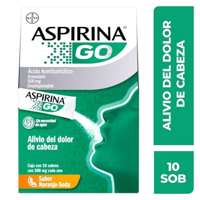 Aspirina Acido Acetilsalicílico 500 mg sabor naranja soda 10 sobres 500 mg c/u