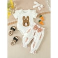 thumbnail image 2 of FEORJGP Toddler Baby Girls 3Pcs Easter Outfit Infant 0-2Y Short Sleeve Jumpsuit Bunny Embroidery Romper Crew Neck Bodysuit + Pants + Hairband Set Newborn Cute Casual Rabbit Summer Clothes, 2 of 9