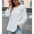 thumbnail image 4 of SWSMCLT Women's Long Sleeve Top Chiffon Cute Shirt Ruffle Loose Soft Crew Neck Summer Lantern Sleeve Blouses White X-Large, 4 of 5