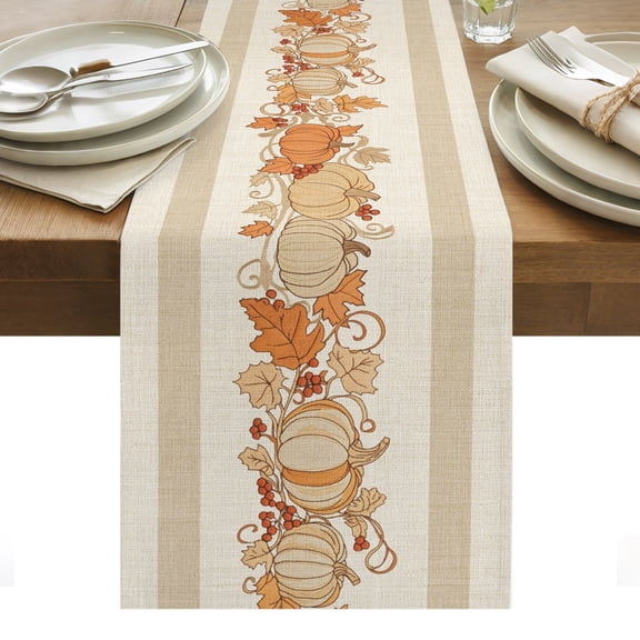 Thanksgiving Fall Table Runner Beige Farmhouse Pumpkin Maple Leaves Tablerunners 16 x 72 Inch, Table Decorations Tabletop Scarf for Summer Gathering Holiday Farmhouse Kitchen Dining Decor