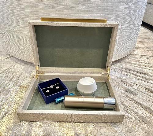 Ivory Shagreen Decorative Box For Keepsake And Memory, Faux Leather Storage Box Jewelry Organizer Wooden Home Organizer Box For Accessory With Brushed Gold Handle (Ivory)