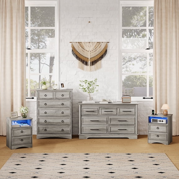 Holliwill Dresser Nightstands Set, 4 Pieces Bedroom Furniture Set, Wide 7 Drawer Dresser, Tall 6 Drawer Dresser and 2 Drawer Nightstand with LED Lights & Charging Station, Rustic Grey