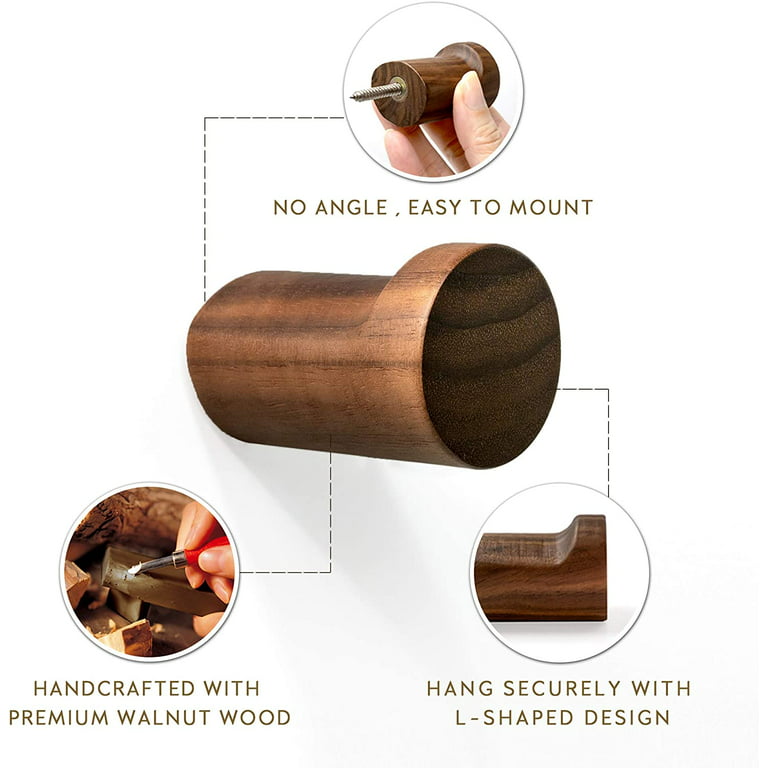 NAUMOO Natural Wooden Wall Mounted Hooks - Pack of 4 - Modern - Handmade  Decorative Wood Pegs Minimalist for Hanging Hat, Coats (Black Walnut Wood)