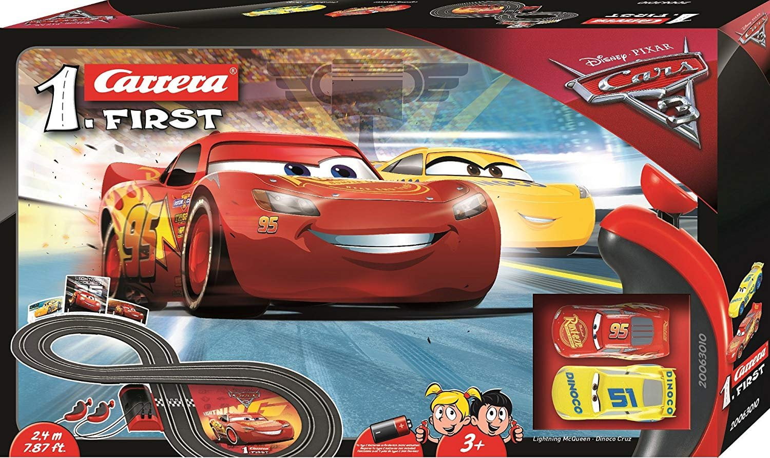 Carrera First Disney/Pixar Cars 3 - Slot Car Race Track - Includes 2 cars:  Lightning McQueen and Dinoco Cruz - Battery-Powered Beginner Racing Set for  Kids Ages 3 Years and Up 