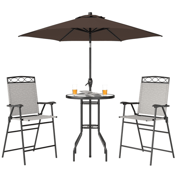 Outdoor Bar Set 4 Piece, Patio Dining Set with Umbrella & 2 Folding Chairs, Tempered Glass Table for Backyard, Deck, Poolside - Beige