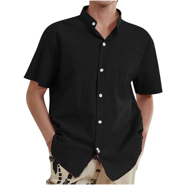 pstuiky camisetas para hombre, Camisa informal de lino y algodón de manga corta para hombre, color liso, con cuello plegable y manga corta, blusa con cuello vuelto ropa de hombre l