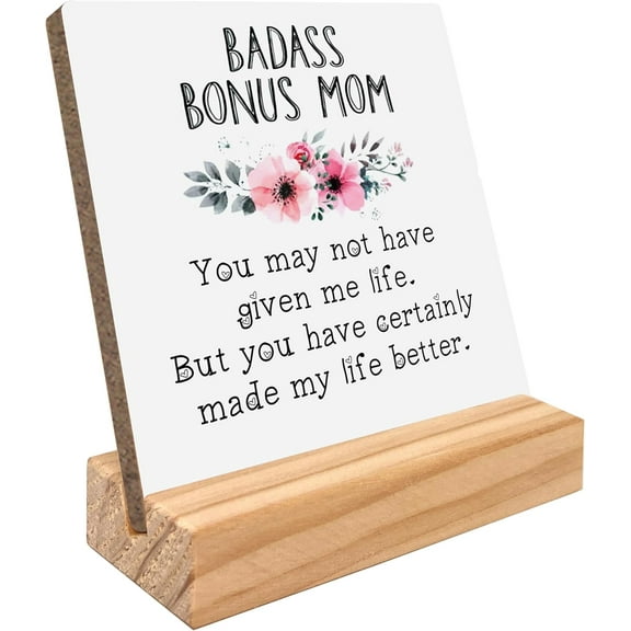 Bonus Mom Gifts from Daughter Son, Bonus Mom Gifts for Mothers Day, Best Bonus Mom Gifts, Second Mom Gifts, Bonus Mom Floral Wood Plaque Sign 1076KY-DZMH