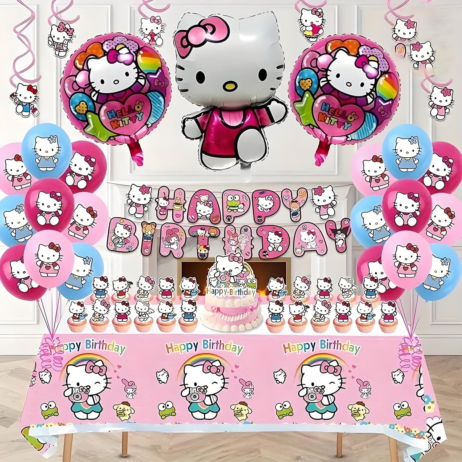 Kitty Party Supplies Set, Birthday Party Favors Include Banner, Balloons, Hanging Swirls, Cake Cupcake Toppers, Tablecloth, Stickers for Girls Kitty Theme Party