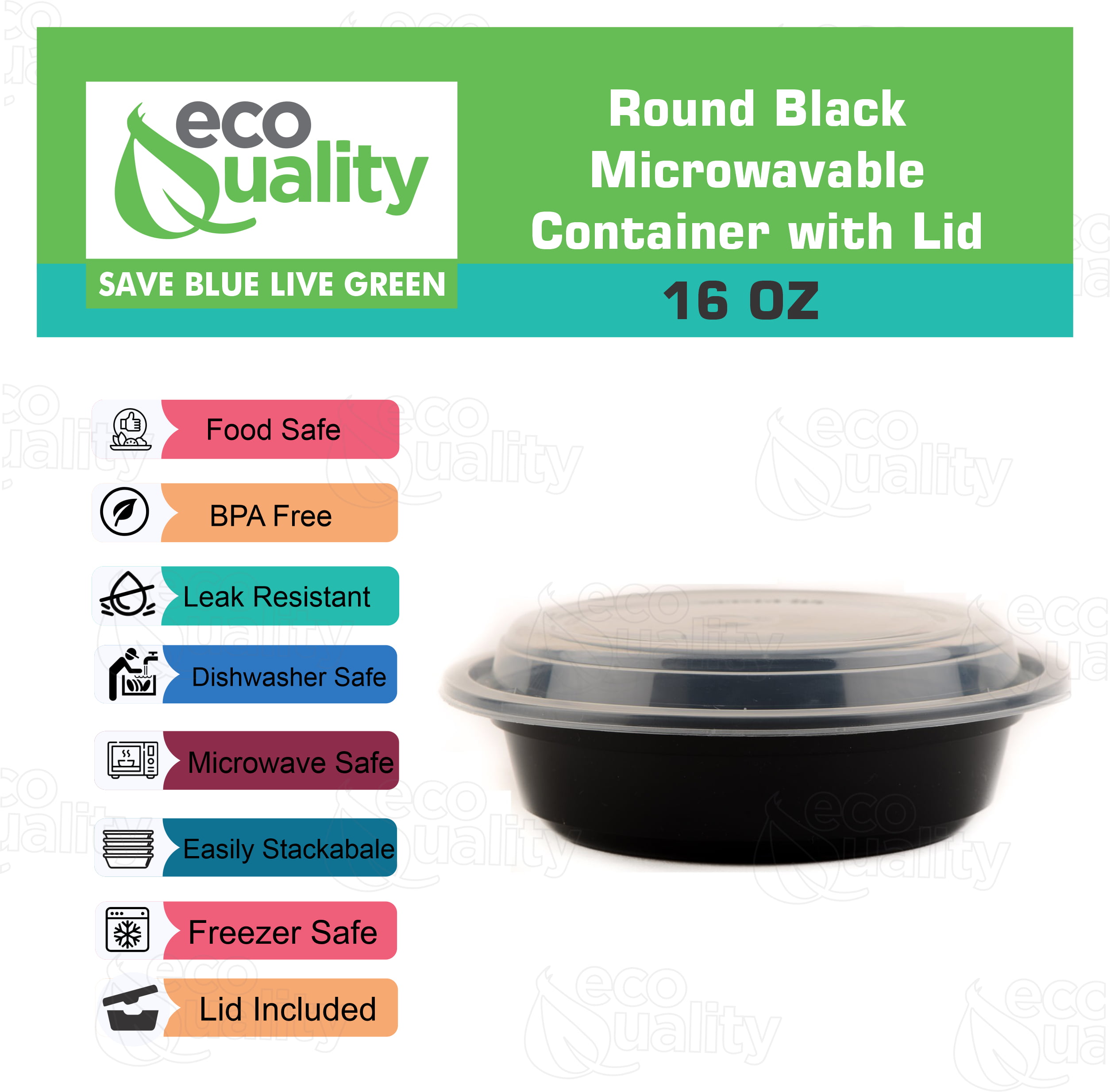 [50 Count] 16 oz Black Plastic Meal Prep Containers with Lids