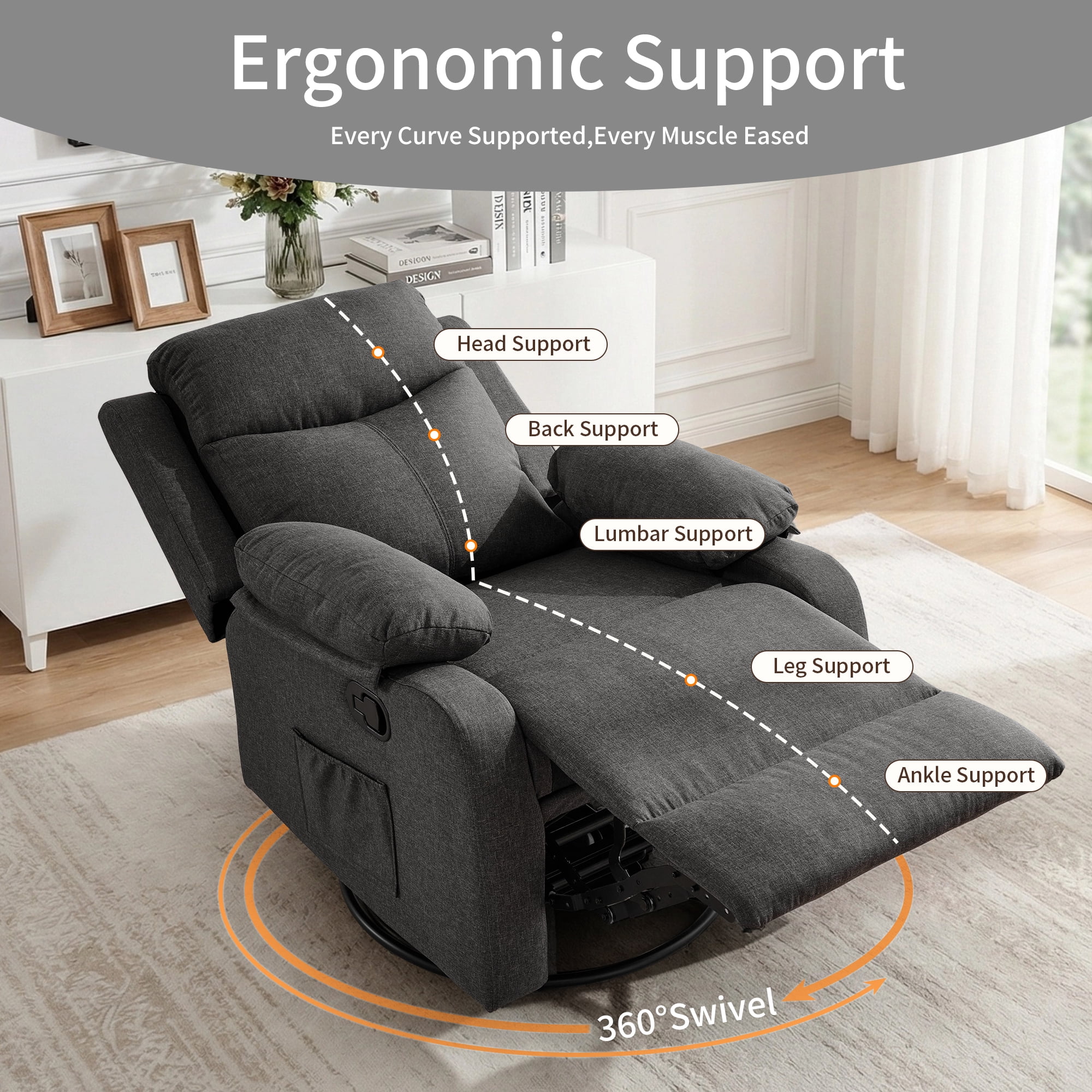 GEEYOO Manual Swivel Rocker Recliner Chair with Side Pockets,Small Recliner Chair for Small Spaces,Upholstered Linen Fabric Glider Nursery Chair for Living Room,Dark Grey