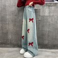 thumbnail image 4 of RUTAYY Girls Wide Leg Jeans Bow Embroidery Elastic Waist Denim Pants with Pockets Casual Daily Street Wear Blue, 4 of 8