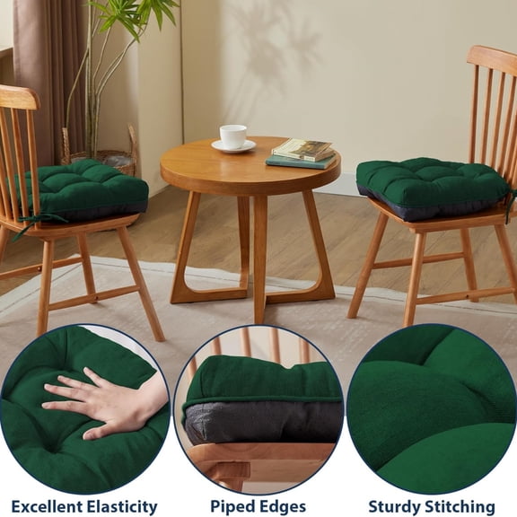 Chair Cushions for Dining Chairs, Seat Cushions for Kitchen Chairs, Indoor Seat Cushions with Ties, Foam Chair Pads, Non Slip Chair Cushions Set of 4, 15.5" x 15.5" x 4", Dark Green