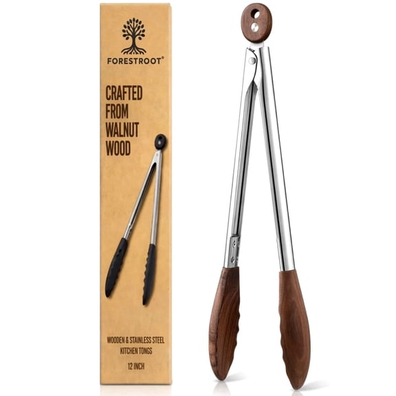 Forestroot Walnut Wood Kitchen Tongs – 12-Inch Nonstick-Safe Wooden Salad & Grill Tongs for Cooking, Serving, BBQ, and Tossing Salad – Durable Stainless Steel Core with Natural Wooden Tips