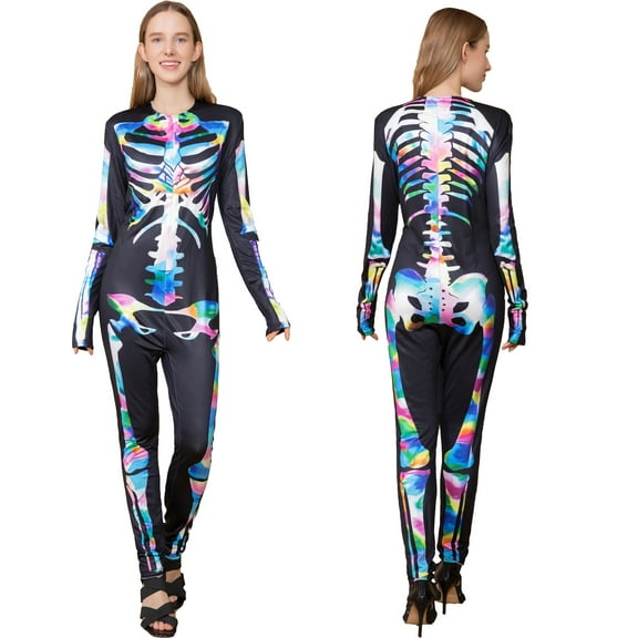 Notus Skeleton Bodysuits for Halloween Women's Sexy Skeleton Costume Cosplay Bodysuit Outfit Zip Up Jumpsuit Iridescent L