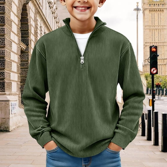 UQJfacai Boys Quarter Zip Pullover Tops Long Sleeve Corduroy Shirts Kids Casual Ribbed Mock Neck Oversized Sweatshirts 4-15 Years