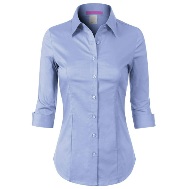 Made by Olivia Women's 3/4 Sleeve Stretchy Button Down Collar Office Formal Casual Blouse Shirts Top - Walmart.com
