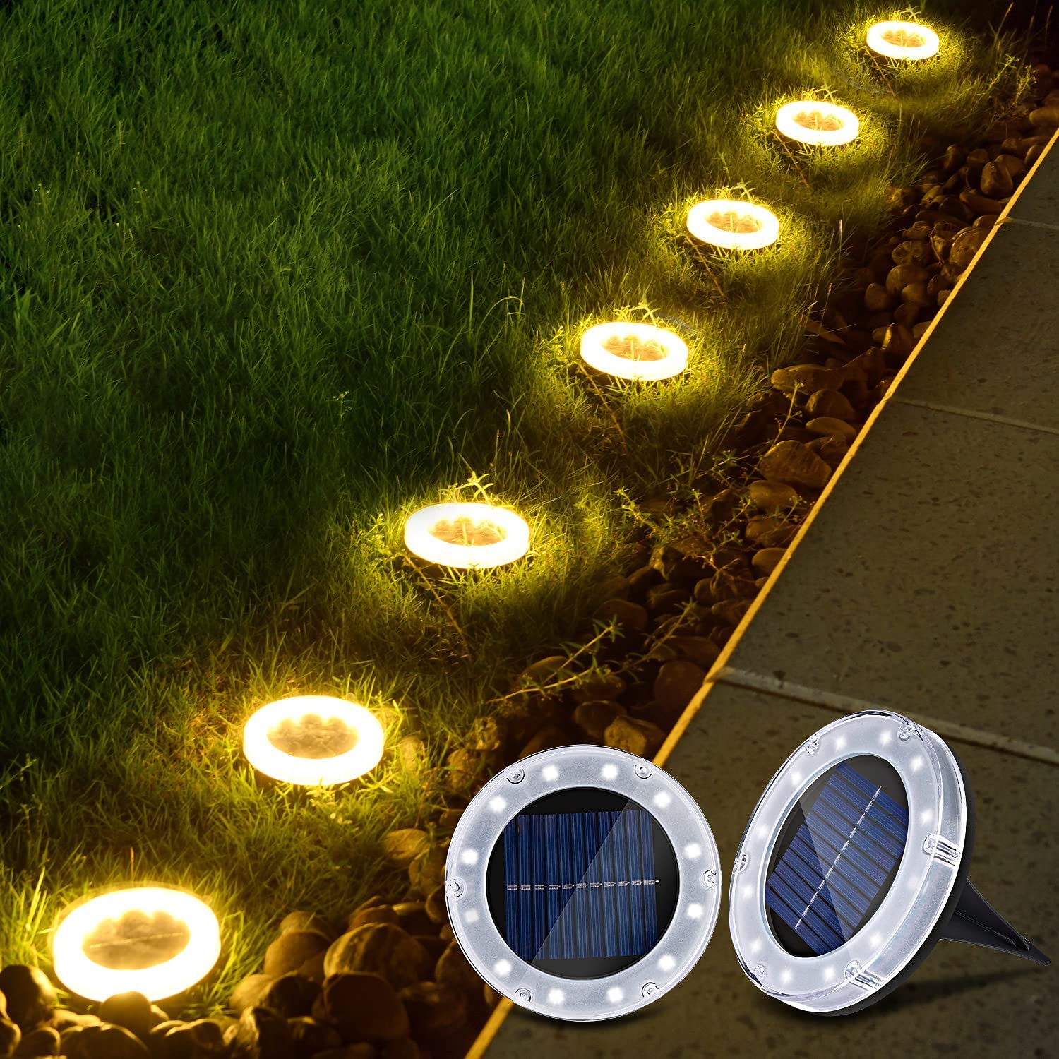 Solar Ground Lights Outdoor, Waterproof Solar Garden Disk Lights, Warm InGround Lights for