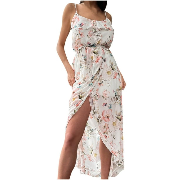 Vestido informal hasta los tobillos con dobladillo dividido irregular con cordones y cuello en V con estampado de tirantes sin mangas sexy para mujer (cinturón incluido) OAVQHLG3B Store lin121212