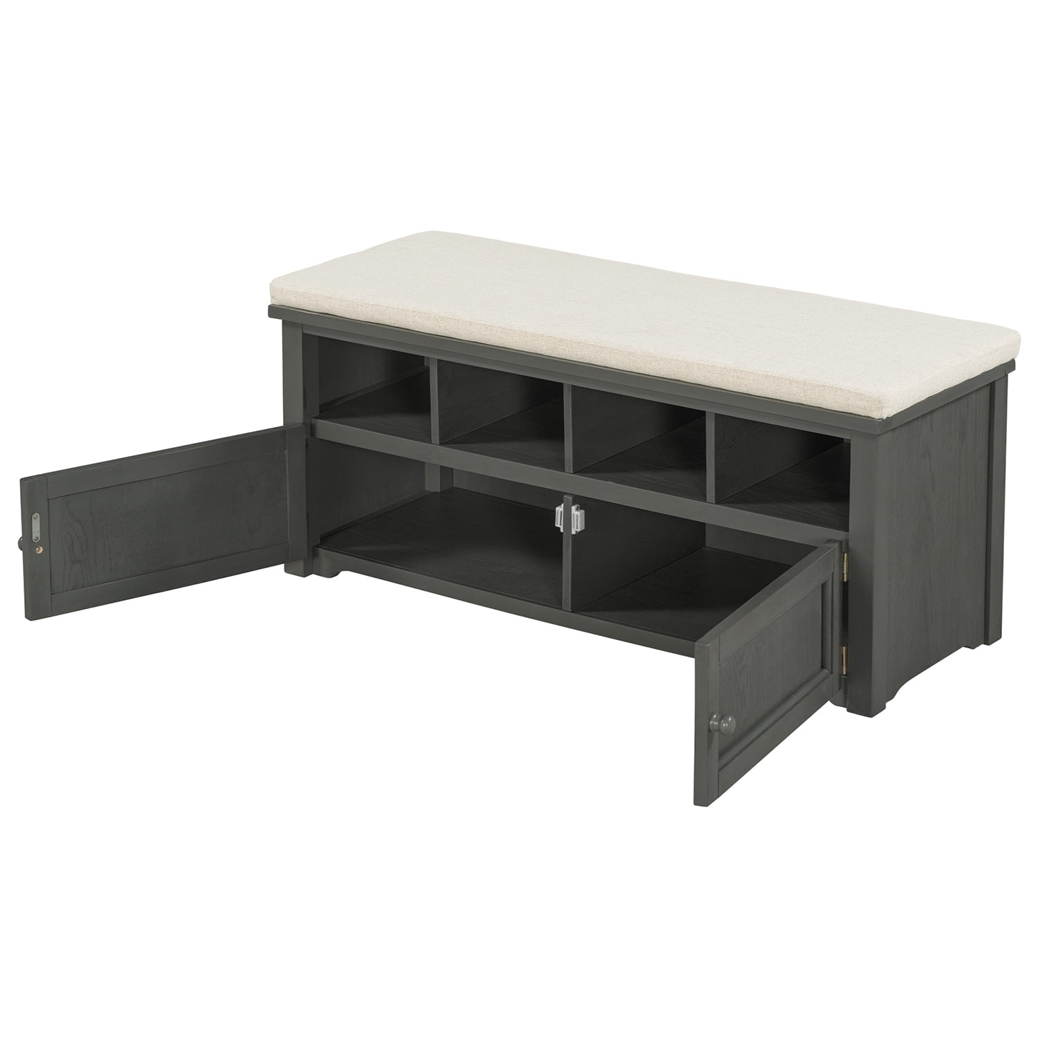 Kadyn Rustic Style Two-Door Storage Bench, Shoe Entryway Bench with Linen Upholstered Top Cushion, Pine Organizer Footrest Bench Ottoman for Entryway, Dark Gray Kadyn Rustic Style Two-Door Storage Bench, Shoe Entryway Bench with Linen Upholstered Top Cushion, Pine Organizer Footrest Bench Ottoman for Entryway, Dark Gray