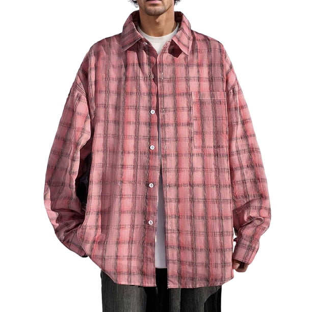 Playeras Y Camisas Para Hombre Camisa tejida informal con cuello levantado para primavera y otoño para hombre, camisa cómoda de manga larga de algodón a juego, Color sólido (Watermelon Red, XL)