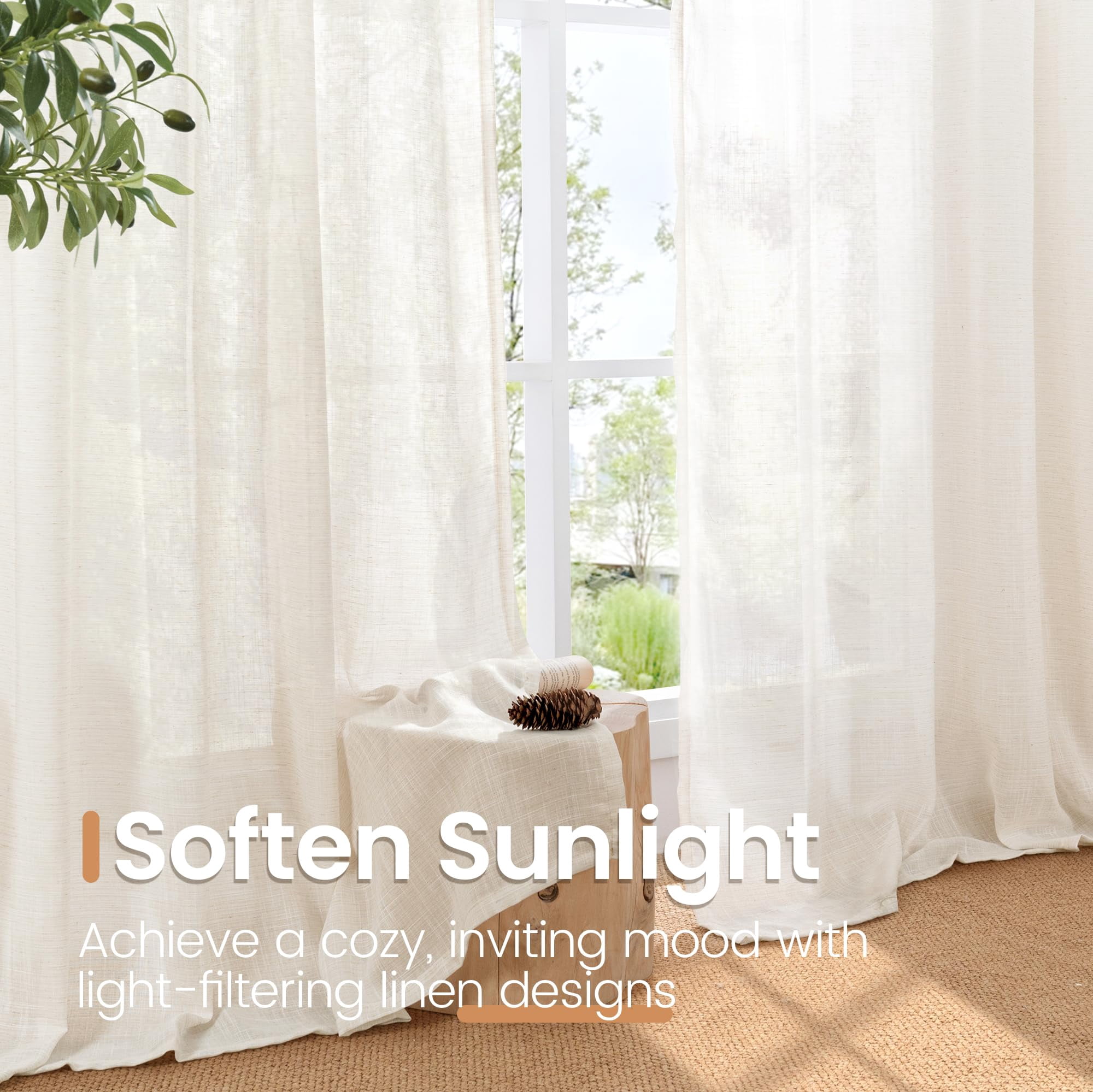 Linen Sheer Curtains 96 Inches Long For Bedroom  Natural Drapes Lightweight Living Room Dining Decor Floor Length Rustic With Rod Pocket Light Filtering 2 Panels Set 52 X 96 Inch