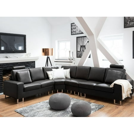 Modern Reversible Corner Sofa Black Leather Adjule Headrests Stockholm