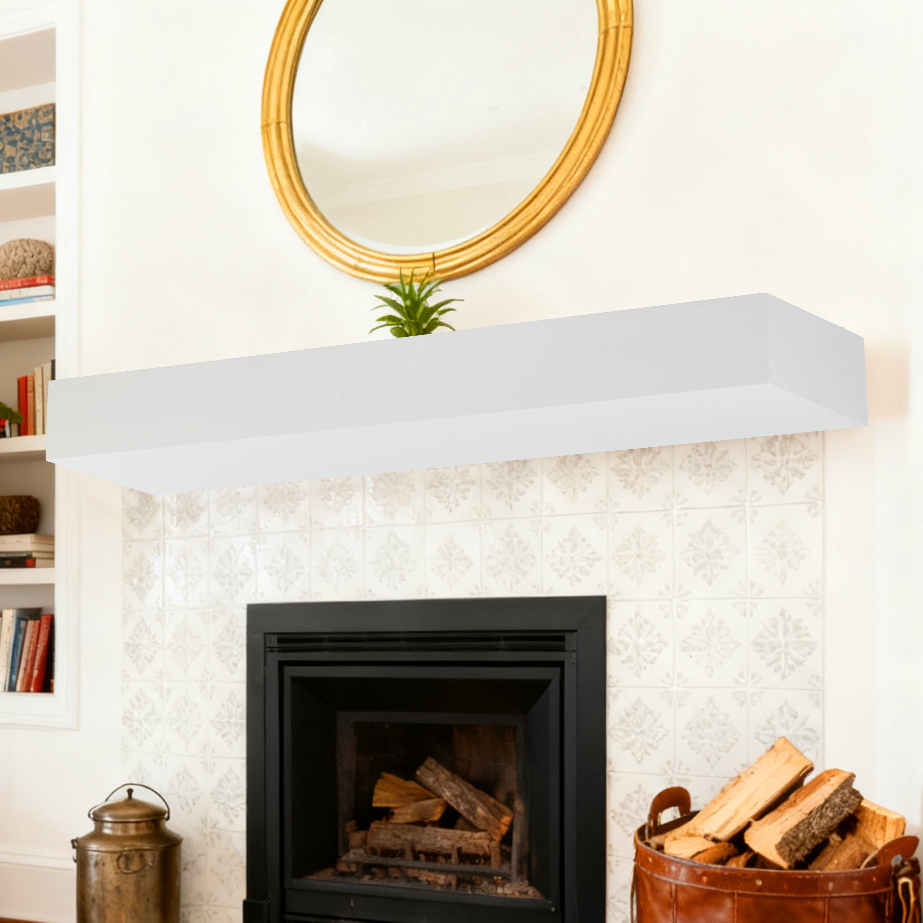 60" Fireplace Mantel Shelf,Solid Pine Wood Wall Mounted,Rustic Farmhouse Floating Shelf,Natural Finish for Home Decor,White
