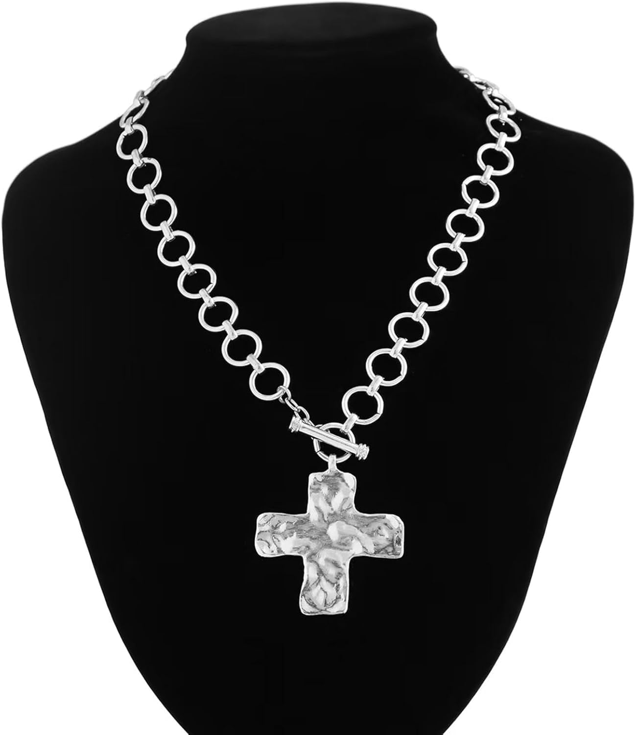 Chunky Cross Necklace for Women Gold Chunky Cross Pendant Necklace Layered Heart Toggle Necklace Hammered Cross Statement Necklace Thick Chain Necklace Jewelry