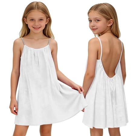 Ruyang Kids Girls Beach Sundress Backless Ruffle Swing Spaghetti Strap Sleeveless Dresses Summer Solid Casual Vacation Skirts