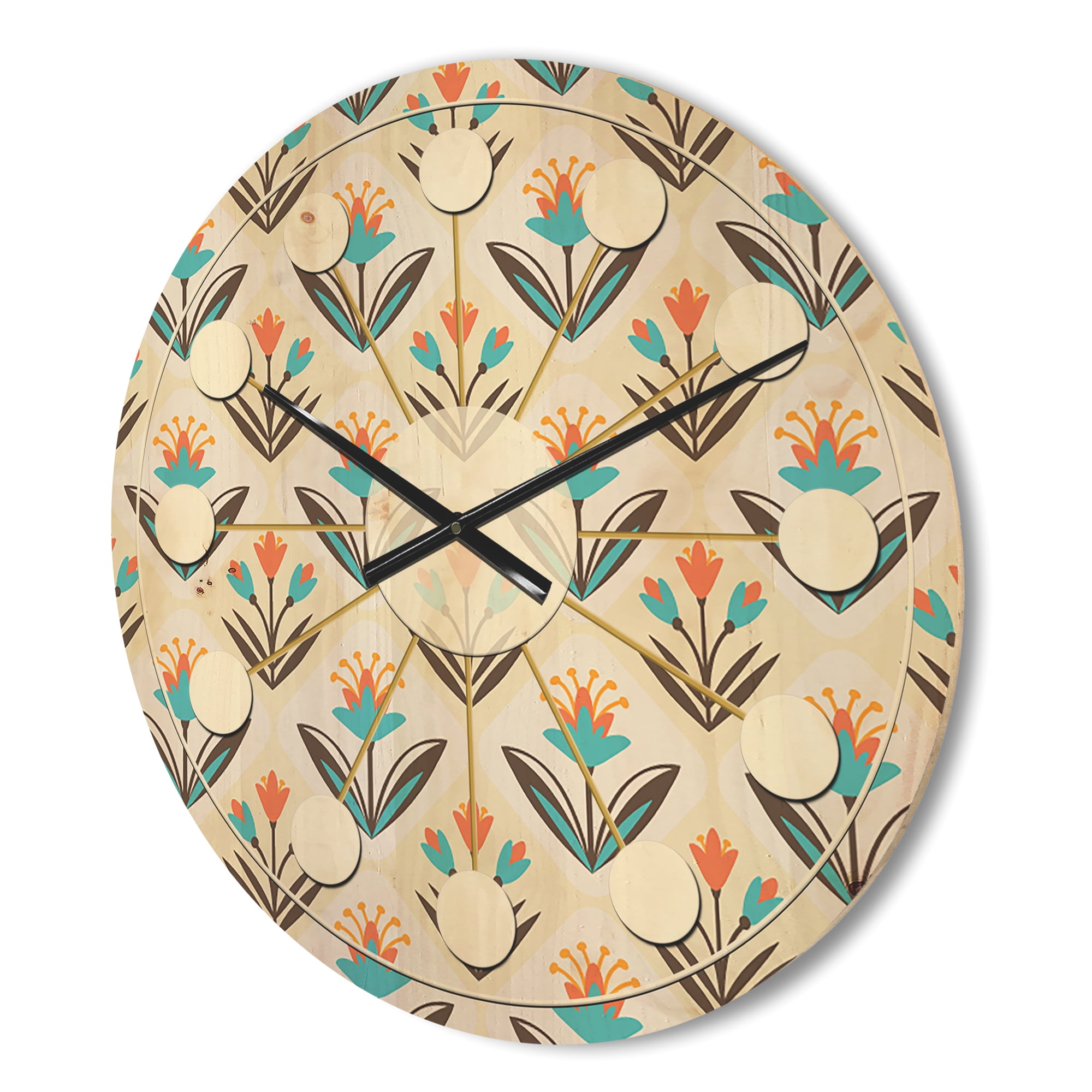 Designart 'Floral Ornament With Pattern' Mid-Century Modern Wood Wall Clock