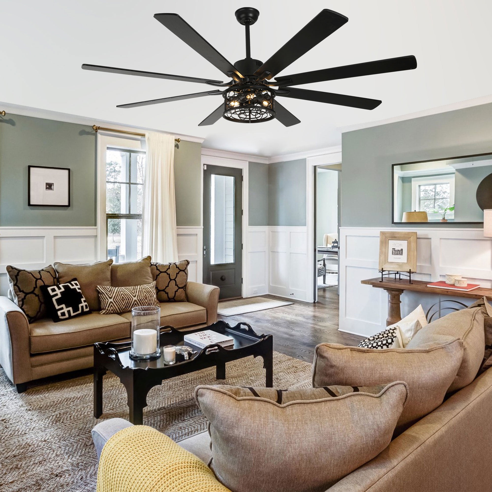 Bella Depot 72" Ceiling Fan 6-speed Farmhouse Metal Cage 3-Light Chandelier with Remote