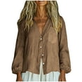 thumbnail image 3 of Women's Linen Button Up Cardigan Shirt Top V-Neck Long Sleeve Solid Color Casual Daily Wear Business Casual Vacation Fashion Essential Gift for Women | CSEONE,Brown XL, 3 of 9