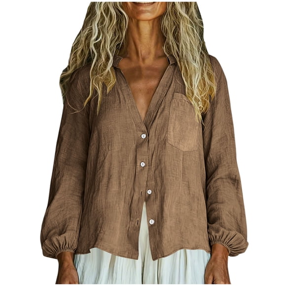 Ltctricy Women's Cotton Linen Tops Lantern Long Sleeve V Neck Pleated Button down Shirts Loose Fit Casual Blouses with Pocket