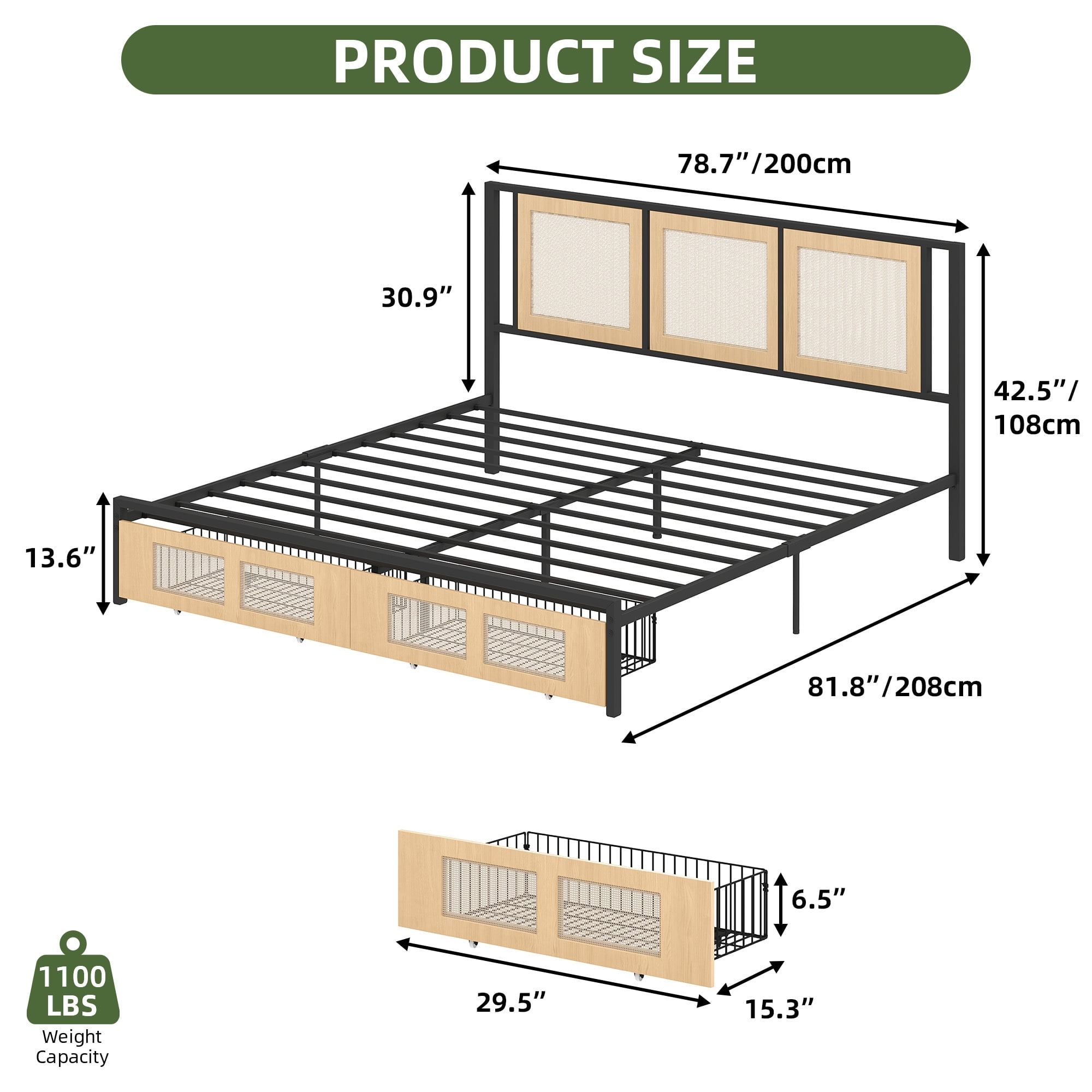 Uforic Boho King Size Bed Frame with Hand-Woven Rattan Design, Dual Storage Drawers, and Noise-Free Metal Slat Support, No Box Spring Required