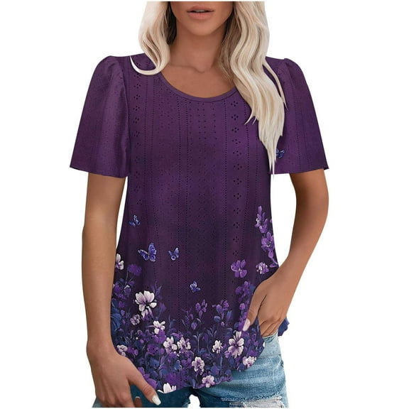 Puntoco Short Sleeve Women Tops ,Womens Casual Crew Neck Short Sleeve Pleated Tops Blouses Clothes Purple XL(XL)