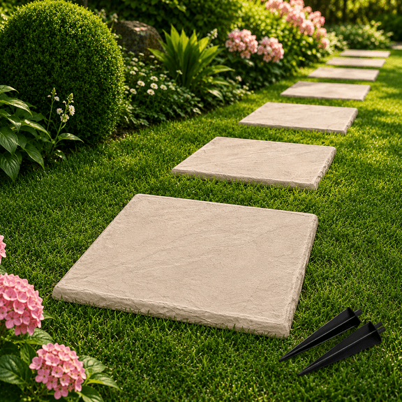Square Garden Stepping Stone,Imitation Stone Walkway Slab with Natural Uneven Texture, Lightweight Durable Outdoor Pathway Tiles Beige 15.35x15.35in