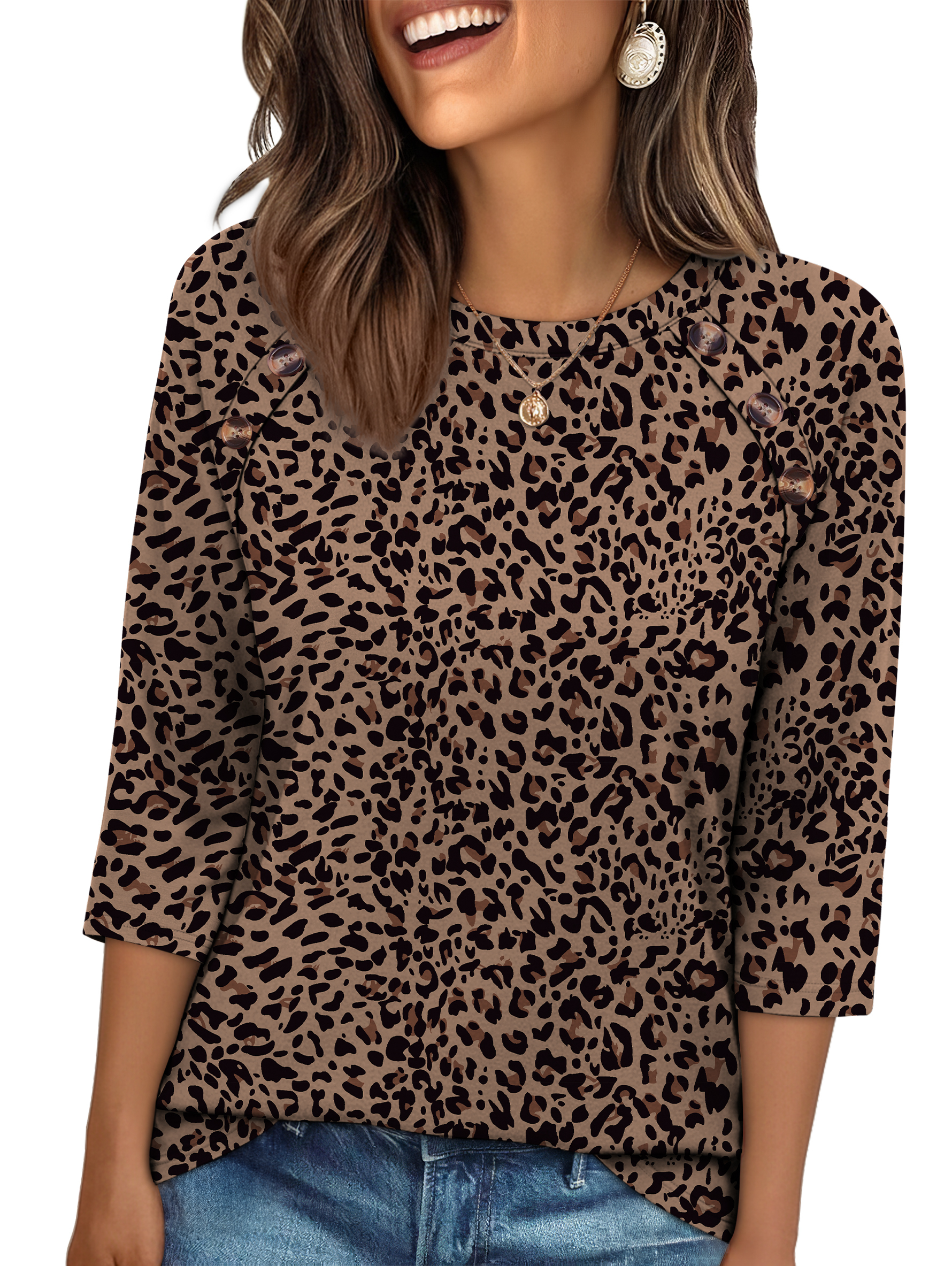 WIHOLL 3/4 Length Sleeve Crew Neck Button Fashion Clothing Dressy Casual Business Work Tops Summer Fall Outfits