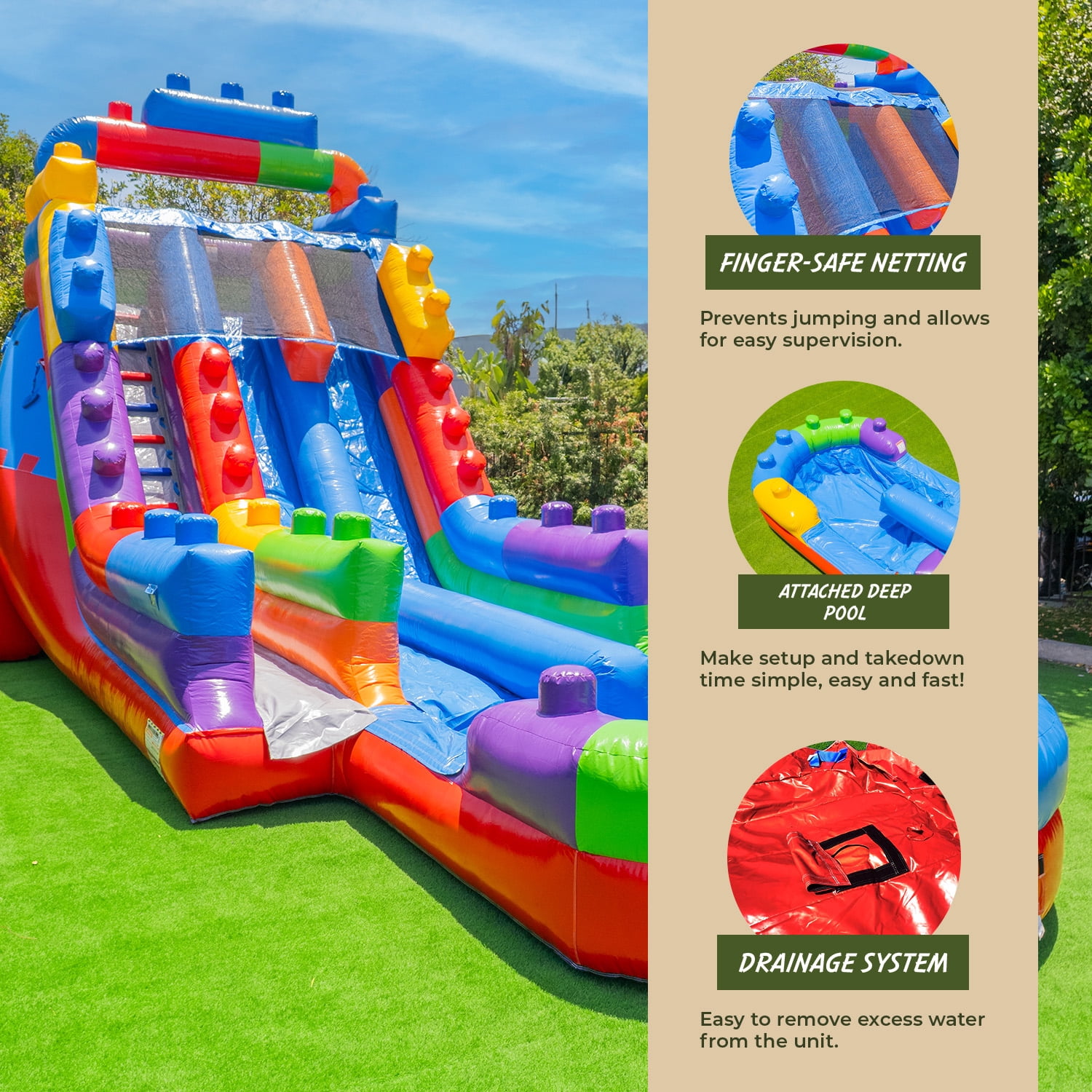 XJUMP Block Party 19' Dual Lane Side Loader Water Slide with Pool, for Kids and Adults, Commercial Grade PVC Vinyl, Outdoor Backyard Fun, Blow Up Water Park, (Blower Included)