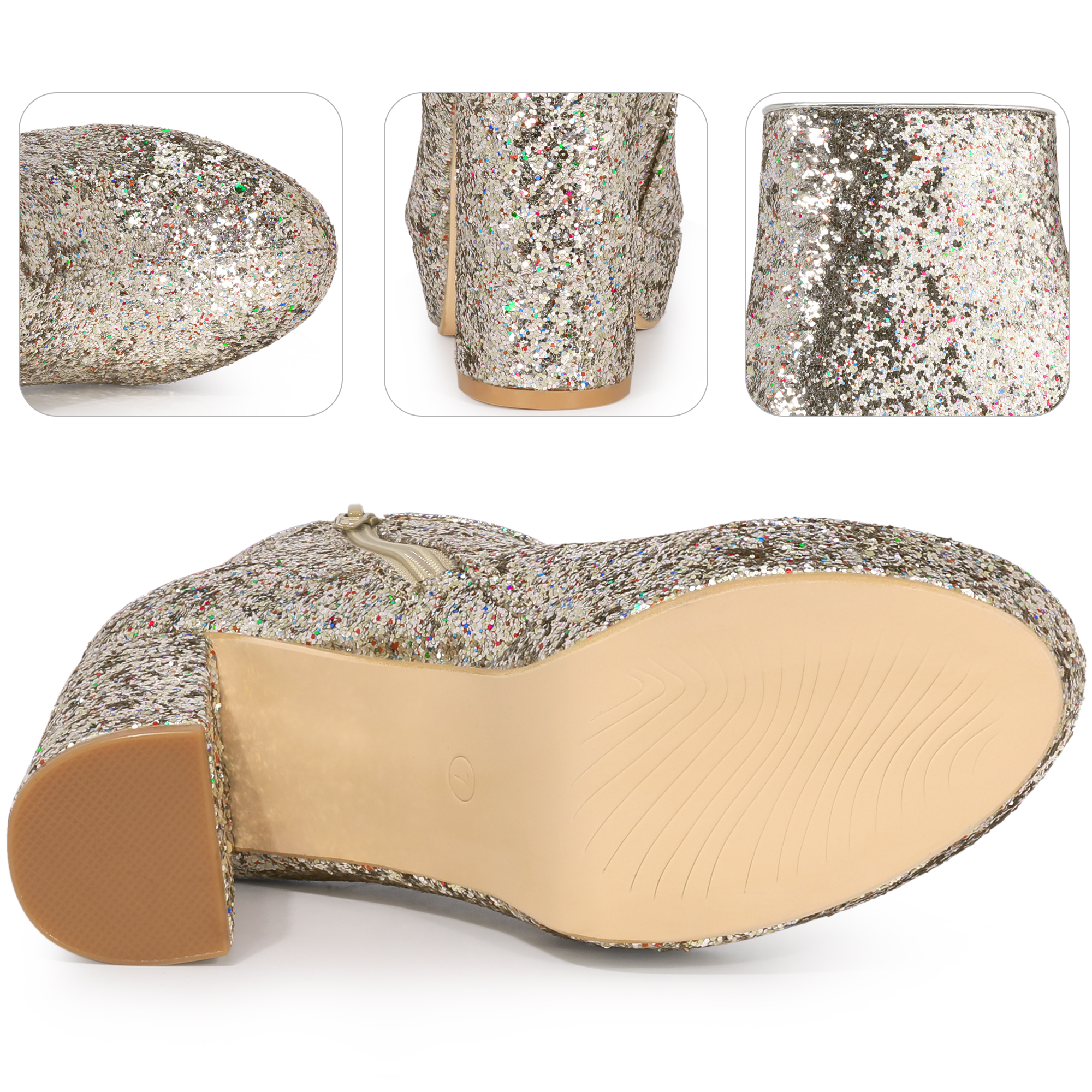 DARING DIVA Glitter Platform Round Toe Chunky Heels Ankle Boots Silver 8.5