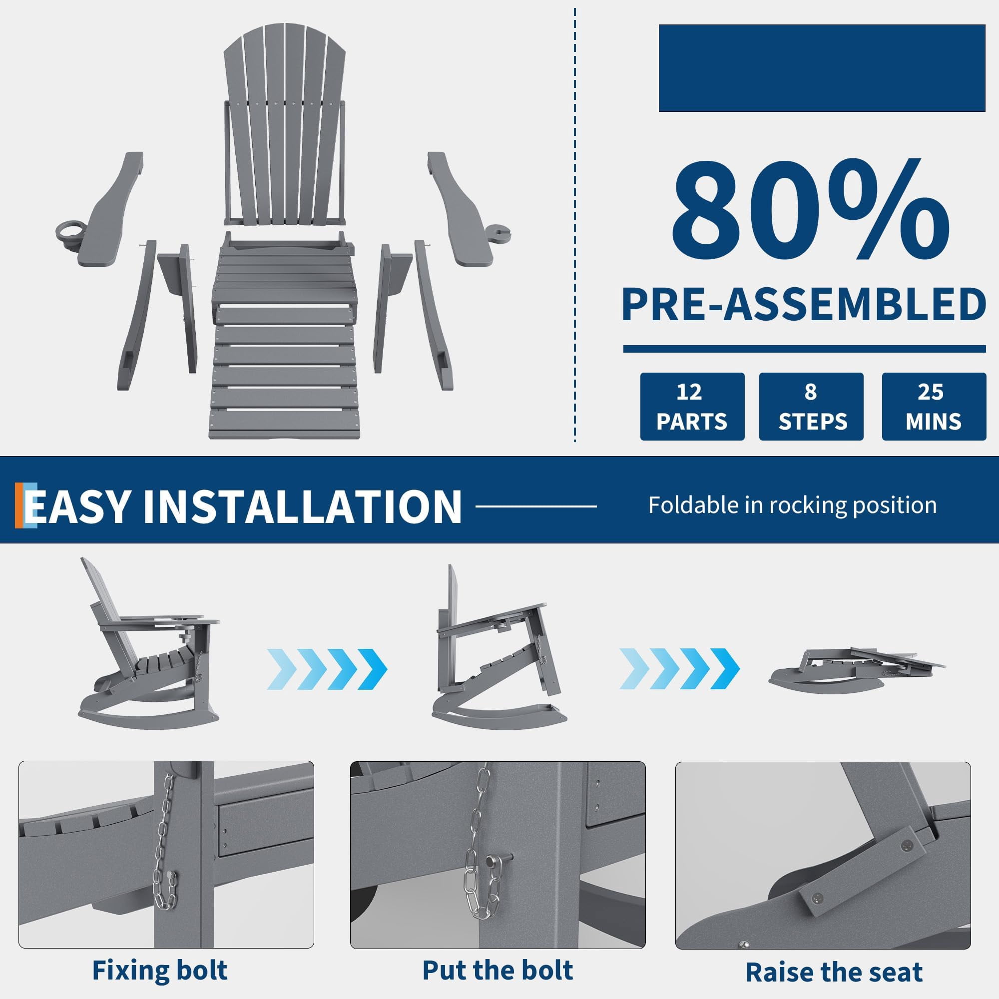 Grey 4-Piece 4-in-1 Weatherproof HDPE Adirondack Chair Set