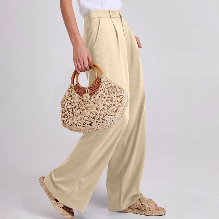 beige women's dress pants Cqonept Womens Office Slacks Straight Leg Pants with Pockets Button Wide Leg Loose Fit Trousers with Pockets S, Women's, Size: Small resku:room=bedroom Color:Black / White Polka Dot amanda holden black dress Linen blend making it the perfect