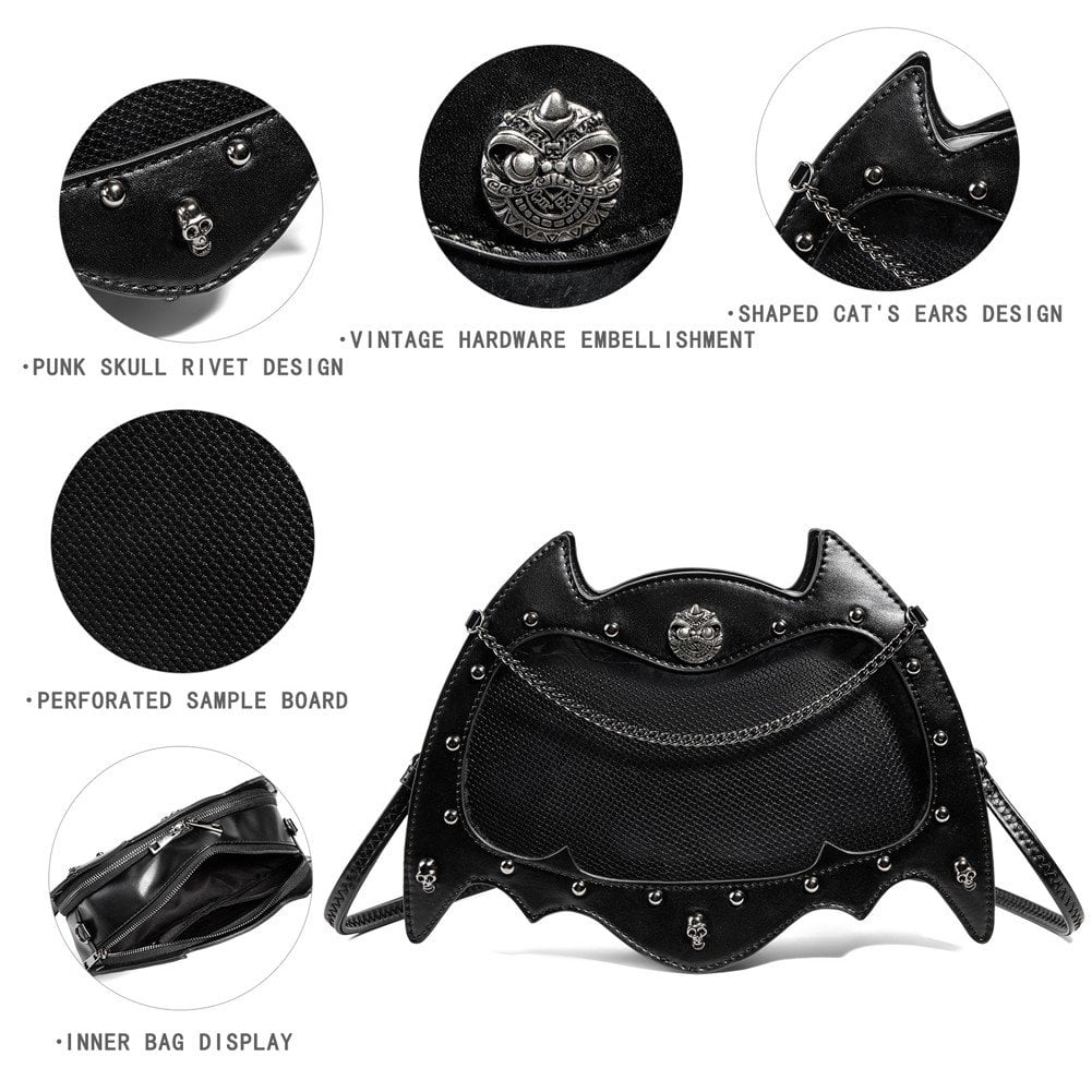 Jiibva Punk Style Crossbody Bag Gothic Dark Pain Bag Cartoon Bat Cat Shaped Shoulder Bag PU Leather Messenger Bag