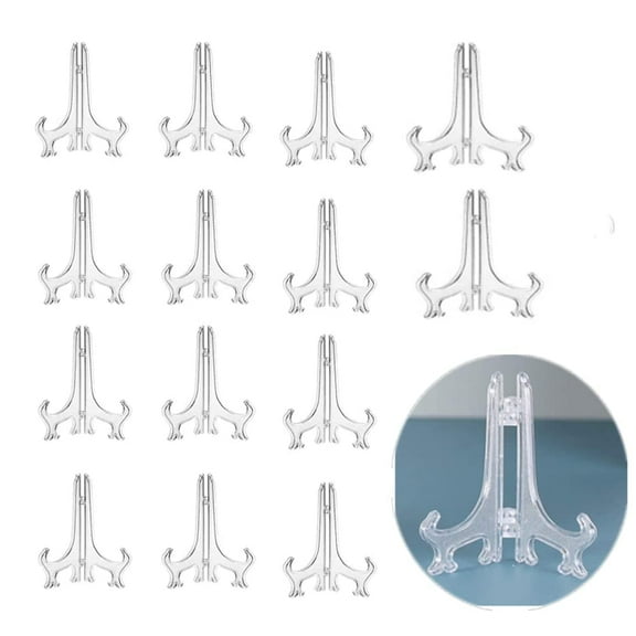 Naisfei Set of 15 Clear 4-Inch Mini Easel Stands, Acrylic  Holders for Displaying Picture Frames, Collectibles, and More on Desks, at Weddings, Home Decor and Parties
