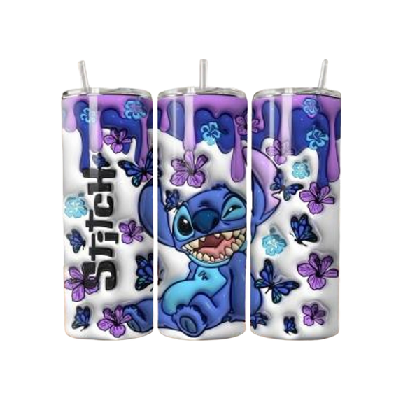 3D Inflated Stitch Inspired, Purple, Blue and White, 20oz Skinny Hot and Cold Tumbler Cup with Metal Straw and Cleaner