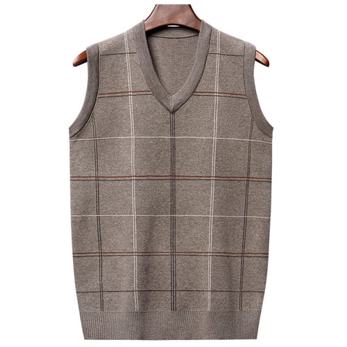 Skymirror Men Fall Spring Sweater Vest Knitted Loose Pullover V Neck Plaid Print Elastic Soft Warm Mid-aged Father Grandfather Sweater Vest