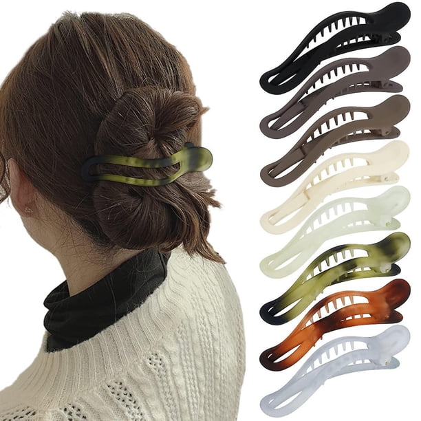 Heytea 8 Piezas Pinzas de Garra Planas, Pinzas de Garra Unisex de 4.5" Pasadores de Pico de Pato Grandes Mate, Pinzas para el Cabello de Cocodrilo para Mujer, Marrón Caqui Blanco V