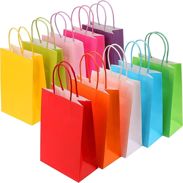 Bolsas de papel kraft de colores neón brillantes, bolsas de regalo de papel con acabado de color mate con asas de cuerda, 30 piezas para cumpleaños, bodas, regalos de fiesta