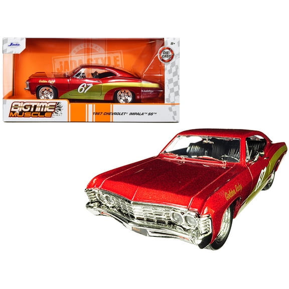 1/24 Diecast Model Car 1967 Chevrolet Impala SS #67 "Golden Ruby" Red with Gold Stripes "Bigtime Muscle" by Jada