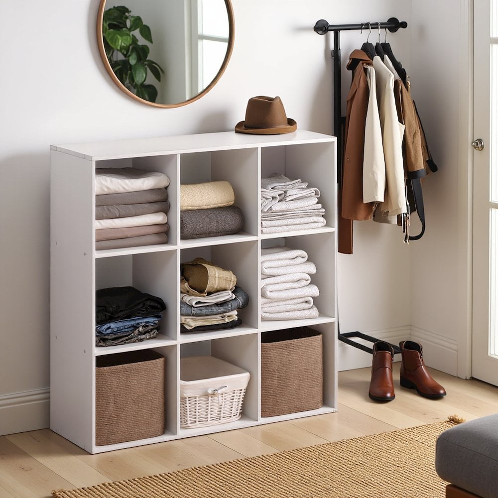 FurniFact White Engineered Wood 9 Cube Storage Organizer with Modern Storage Cubes