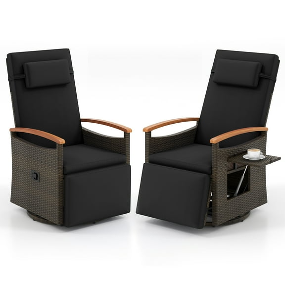 Gymax Set Of 2 Outdoor 360° Swivel Rattan Recliner Chair Patio Wicker Chaise Lounge Chair